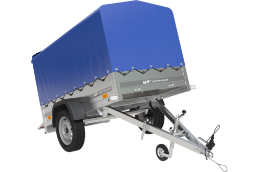 Remolque basculante de carga ligero Garden Trailer 200 KIPP 200x106 750 KG con toldo azul y rueda jokey