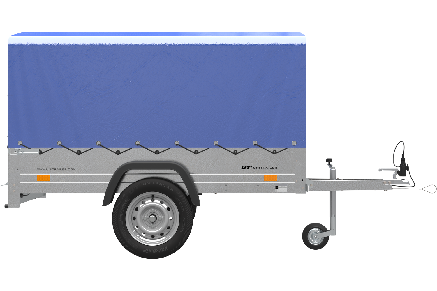 Remolque basculante de carga ligero Garden Trailer 200 KIPP 200x106 750 KG  con toldo azul y rueda jokey - Ariza Remolques SL