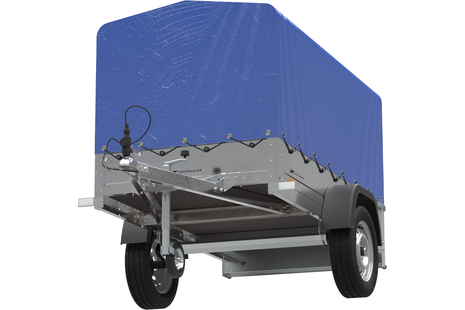 Remolque basculante de carga ligero Garden Trailer 200 KIPP 200x106 750 KG  con toldo azul y rueda jokey - Ariza Remolques SL